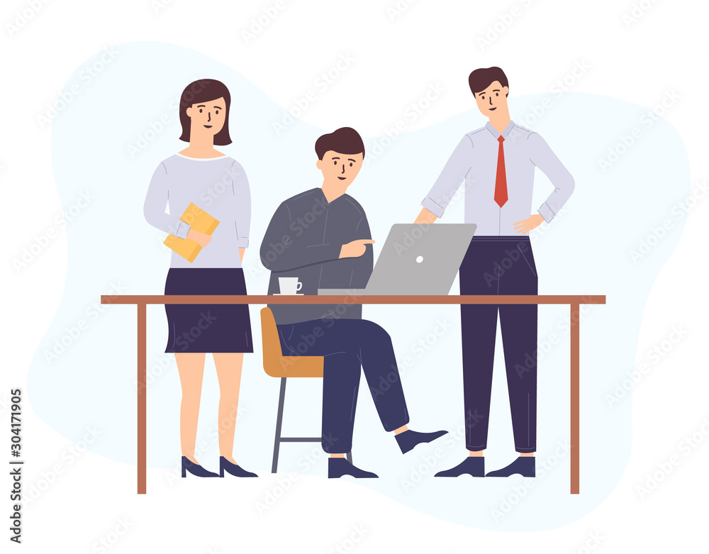 Team interaction activities vector, man and woman sitting by table discussion and brainstorming. Conference and seminar, presentation whiteboard. Team work and partnership concept. Vector illustration