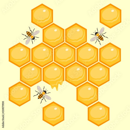 Honeycombs with bees. Honey background with honeycombs and bees. Vector illustration