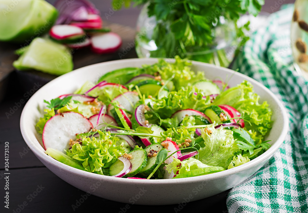 Healthy vegan food. Vegetarian vegetable salad of radish, cucumbers, lettuce and red onion. Healthy vegan food. Vegetarian vegetable salad of radish, cucumbers, lettuce and red onion.