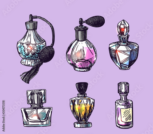 Fragrance bottles vector illustration. Hand drawn sketch style image