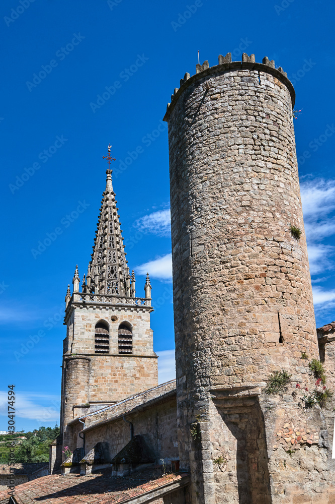 Medieval tower and Church of Our Lady in Largentiere in France.