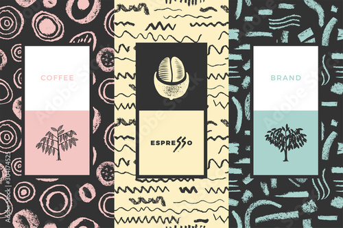 Abstract seamless pattern, vector creative background. Coffee shop emblem, cafe menu with repeated brush stroke texture, packaging design, organic coffee logo, take away coffee, 100% arabica badge.