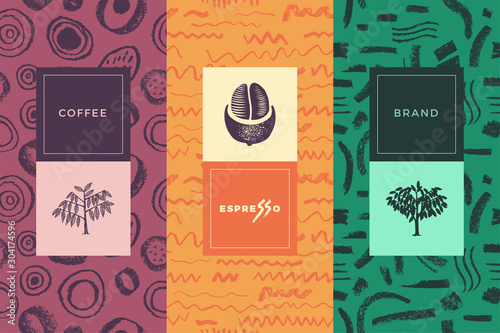 Abstract seamless pattern, vector creative background. Coffee shop emblem, cafe menu with repeated brush stroke texture, packaging design, organic coffee logo, take away coffee, 100% arabica badge.