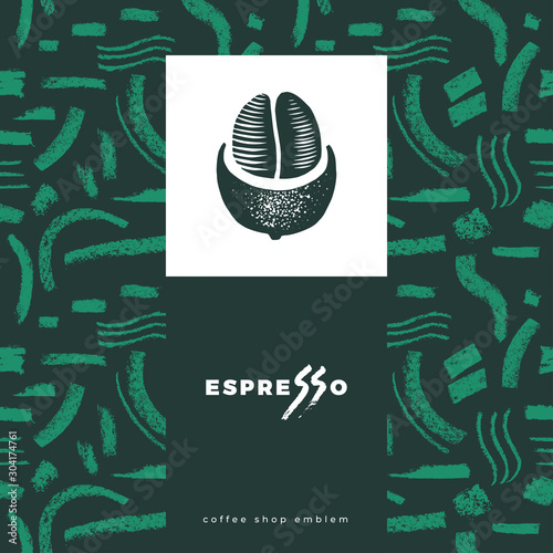 Abstract seamless pattern, vector creative background. Coffee shop emblem, cafe menu with repeated brush stroke texture, packaging design, organic coffee logo, take away coffee, 100% arabica badge.