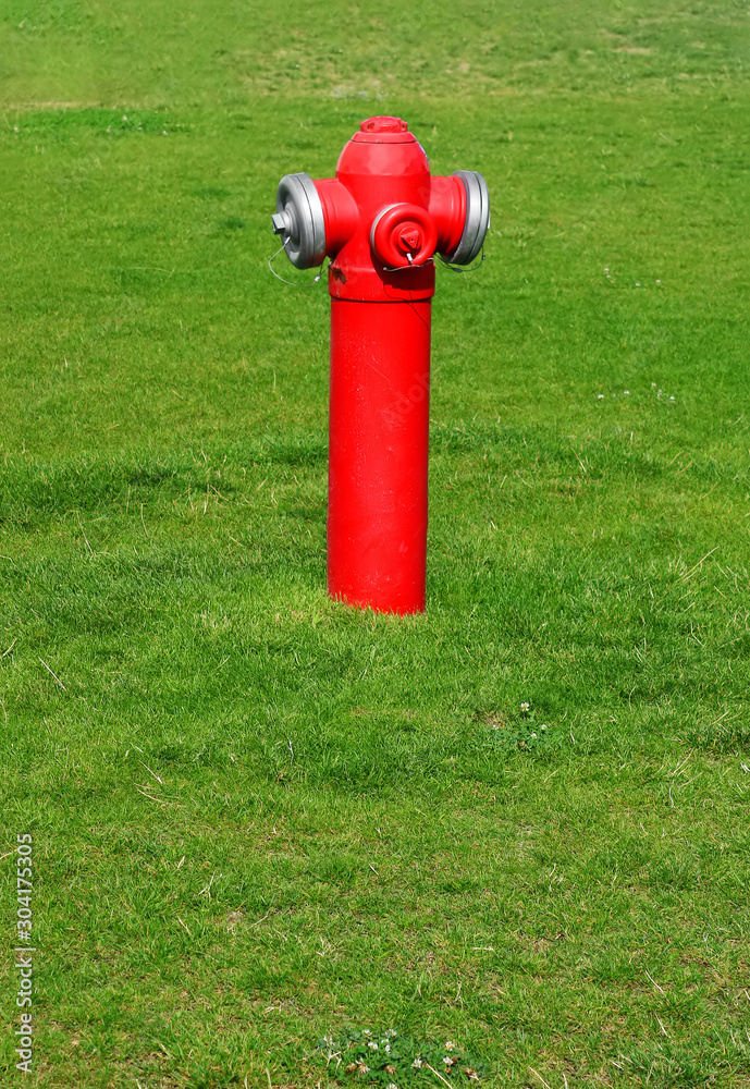 Red hydrant and green grass as background Red hydrant and green grass as background