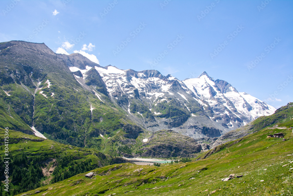 View to snow covered mountains and  Pasterze Glacier from Grossglockner High Alpine Road, Austria