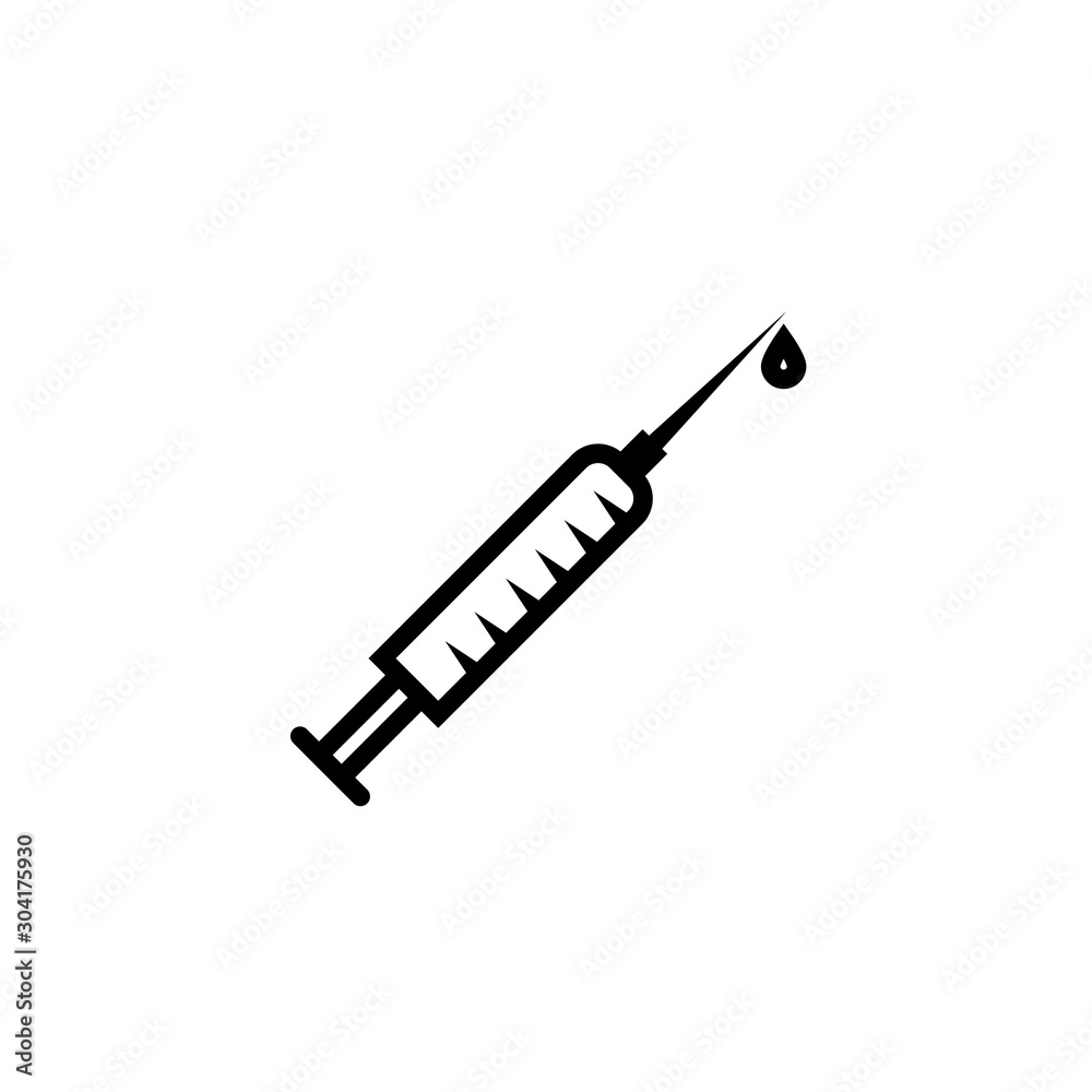 Medical syringe with red blood drop. Vector icon.