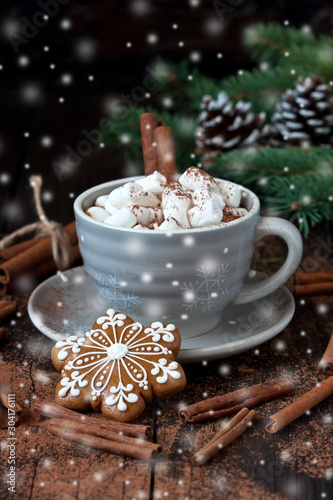 Christmas gingerbread cookies  with hot chocolate and marshmallows