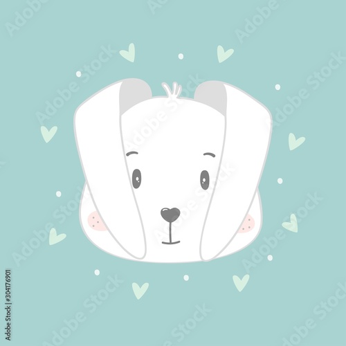 Cute cartoon white bunny with hearts. Happy Easter bunny. T-shirt design for kids. Vector illustration.