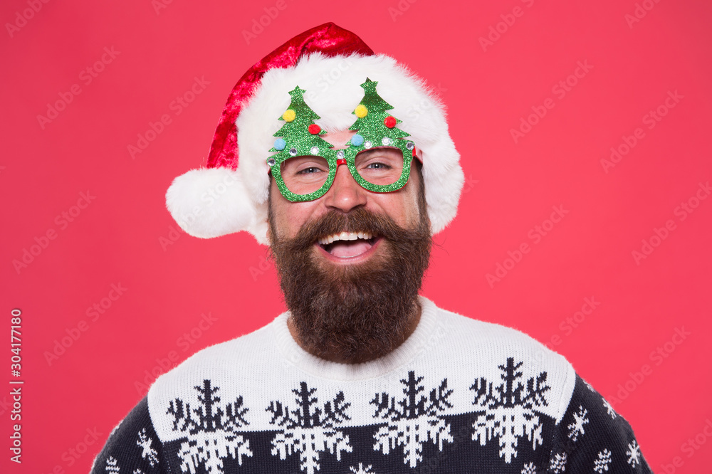 Keep calm Santa is coming. Santa man wear christmas tree party glasses. Happy bearded man with santa look. Holiday costume accessories for santa party. Christmas and New Year celebration