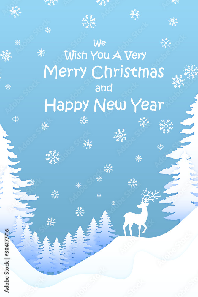 Naklejka Christmas background with tree.Winter Christmas composition in paper cut style.Merry Christmas text, vector illustration.