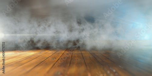Empty space backdrop and lights.Background of old wood floor and fog in the darkness.3d illustration