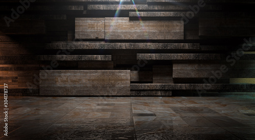 Fototapeta Naklejka Na Ścianę i Meble -  Empty floor background.blank modern architecture.Dark room and cement floor.Tile wall and spotlights .3d illustration