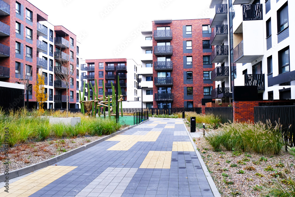Courtyard of modern apartment buildings district with wooden playground ... - Courtyard Apartment Community Design