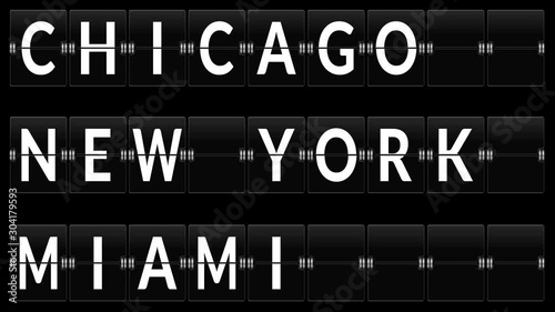 4K 3D close up render of an airport display board with flip board tiles for Chicago, New York and Miami