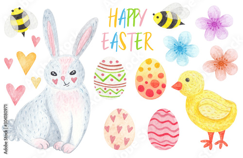 Set of cute watercolor Easter characters and design elements. Easter bunny, chicken, eggs and flowers. Happy Easter © cheesyfox