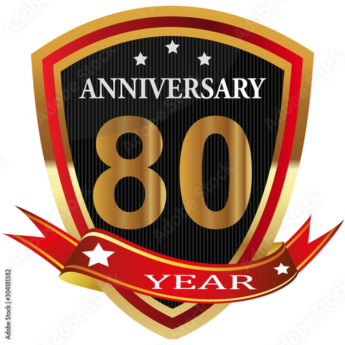 Anniversary 80 th  label with ribbon.