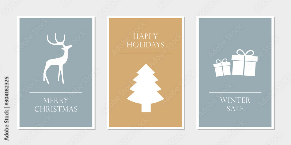 set of christmas greeting cards with deer tree and gift vector illustration EPS10
