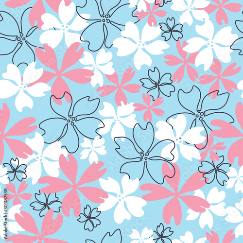Blue, white and pink seamless repeat floral pattern.