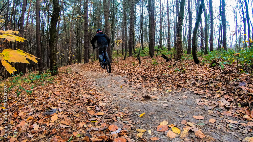 Amateur rider on the bicycle in the autumn park Amateur rider on the bicycle in the autumn park
