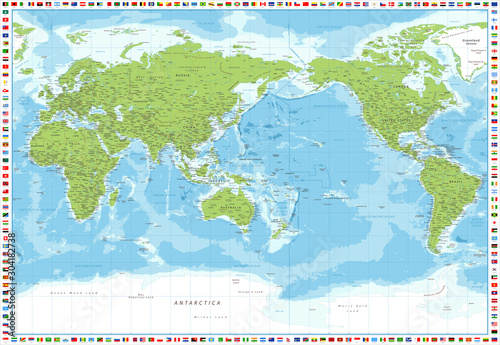 World Map and Flags Pacific View - Vector Detailed Illustration