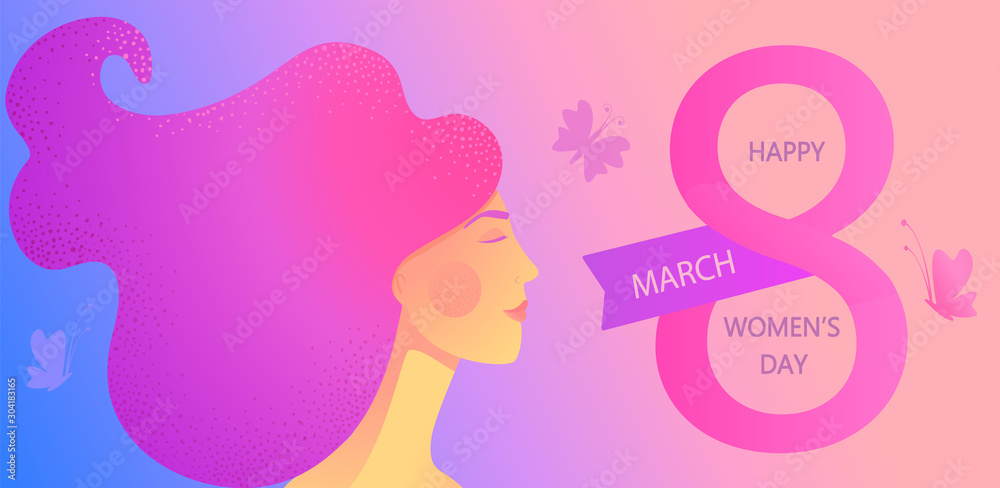 Banner for International Women's Day. Card for March 8 with woman face, beautiful hair, flowers. Congratulating and wishing happy holiday flyer for newsletter, brochures.Vector illustration. Banner for International Women's Day. Card for March 8 with woman face, beautiful hair, flowers. Congratulating and wishing happy holiday flyer for newsletter, brochures.Vector illustration.
