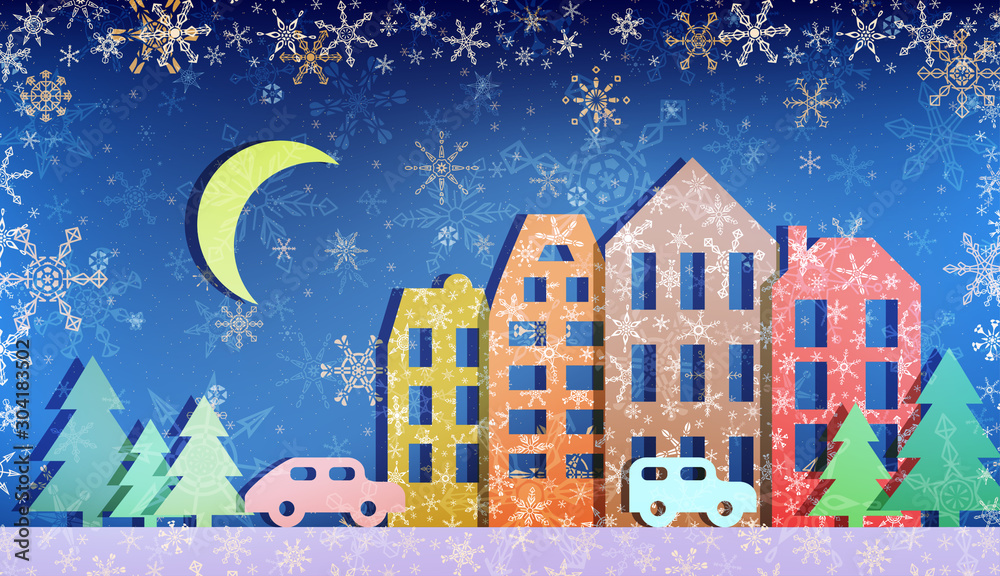 Illustration background of small town with few buildings, cars