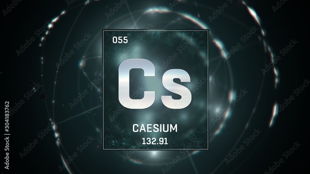 3D illustration of Cesium as Element 55 of the Periodic Table. Green illuminated atom design background with orbiting electrons. Design shows name, atomic weight and element number