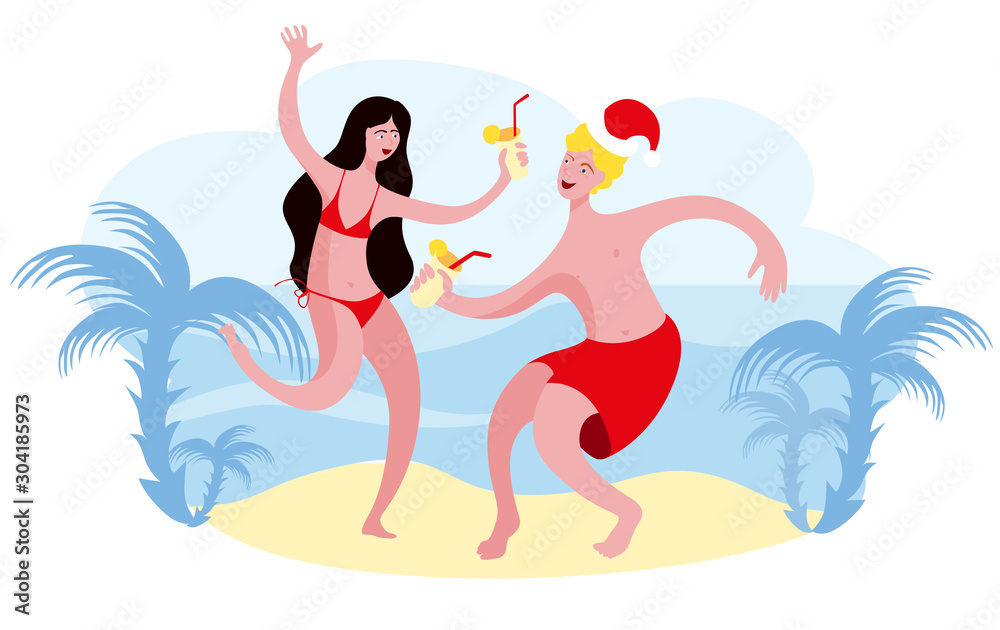 A boy and a girl are having fun celebrating Christmas by the sea.