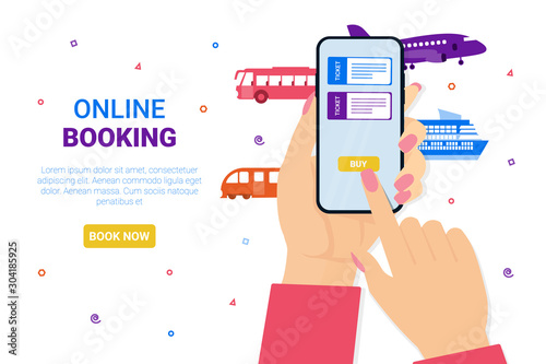 Female hands hold the phone. Airplane, bus, train, cruise ship, railway. Booking online tickets now. Flat vector concept illustration for web page, banner, poster, template, layout.