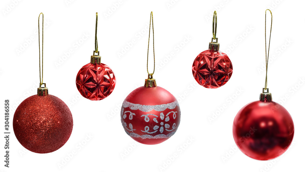 set of five Christmas tree red balls isolated white set of five Christmas tree red balls isolated white