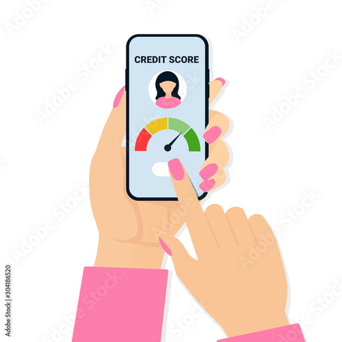 Credit score concept. Flat vector scale changing credit information from poor to good. Woman hands holding phone and touch screen.