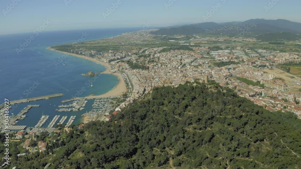 Yachts in Blanes city port in Mediterranean Sea summer Spain 4K drone flight Yachts in Blanes city port in Mediterranean Sea summer Spain 4K drone flight