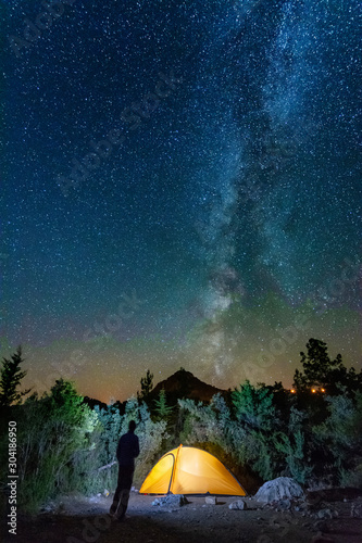 starry night with the Milky Way on the Turkish Mediterranean coast amidst the rocky mountains with tourists in a yellow tent