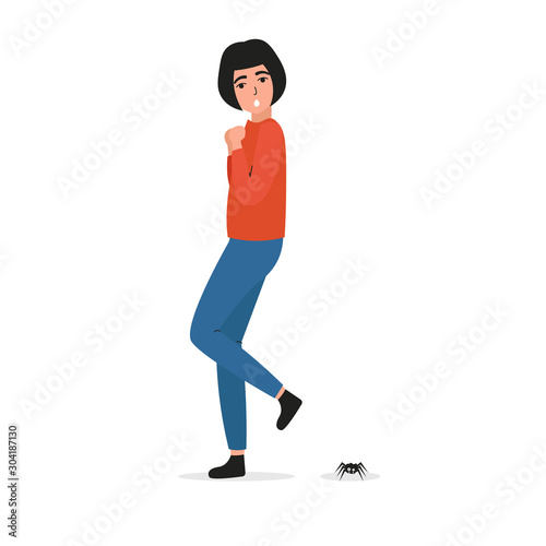 Mental disorders, arachnophobia. Scared girl character, phobia, fear, paranoid. psychiatric problem. Flat vector cartoon illustration.