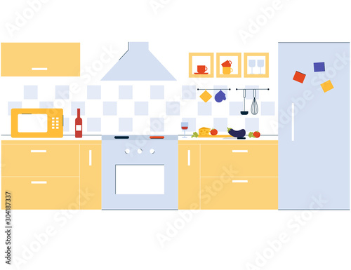 Interior design kitchen room in modern flat line style. Cooking lunch. Concept illustration.