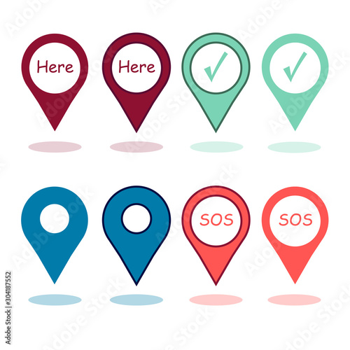Multicolored map pin, marker, with inscriptions: SOS, Here. flat style.. Vector