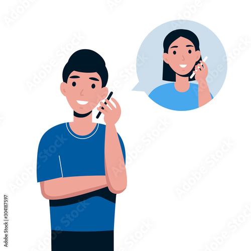 Fototapeta Naklejka Na Ścianę i Meble -  Man talking by telephone with girlfriend. Communication and conversation with smartphone. Flat vector cartoon illustration of phone call, speaking, calling and chatting. 