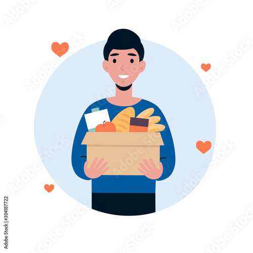 Man character volunteer hold big box of foods. Food donation concept. Flat vector cartoon illustration isolated white background.