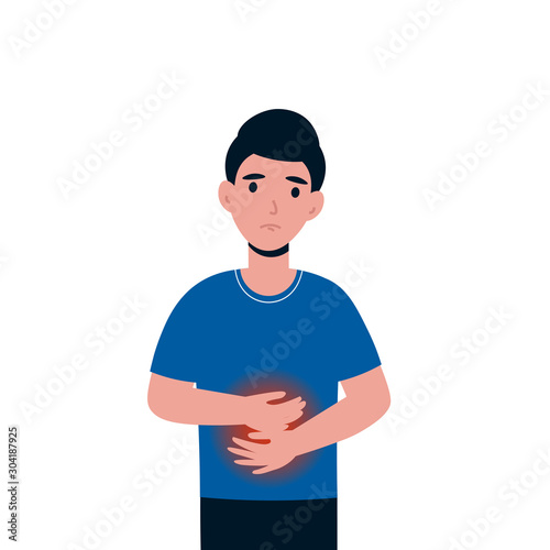 Woman having stomach ache, flat cartoon style vector illustration isolated on white background. Character have gastritis and duodenitis symptoms.