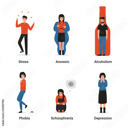 Collection of men and women with mental disorders. Stress, depression, anorexia nervosa, phobia, schizophrenia, alcoholism, psychiatric and psychological problems. Flat vector cartoon illustration.