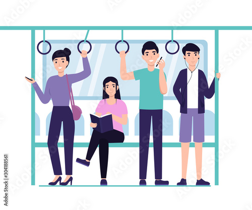 People ride the subway, metro, bus, train. Male and female characters in public transport. Flat vector cartoon design illustration. 