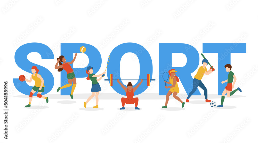 Sport concept flat vector illustration of young healthy people men and women near big letters isolated white background.