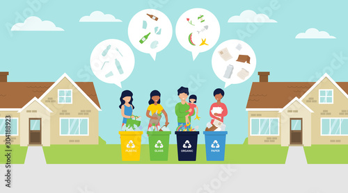 Waste sorting vector illustration with people on the street segregate the garbage in bins. Zero waste life style. 