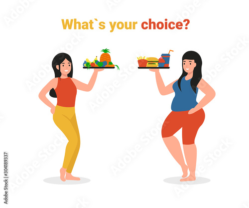 Healthy and unhealthy nutrition, lifestyle. Fat and slim young girls with healthy food and junk food, fastfood. 