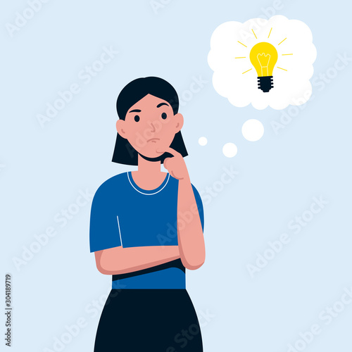Woman is thinking. Female character looking for an idea for startup his business. Flat vector cartoon illustration. 