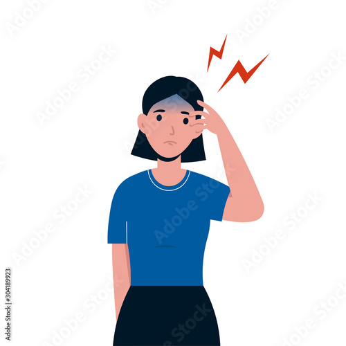 Exhausted, sick woman character with a headache. Flat vector isolated illustration.