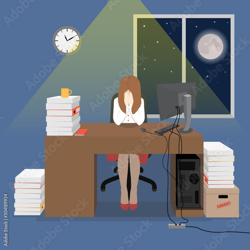 Woman is upset and tired because she has to work at night