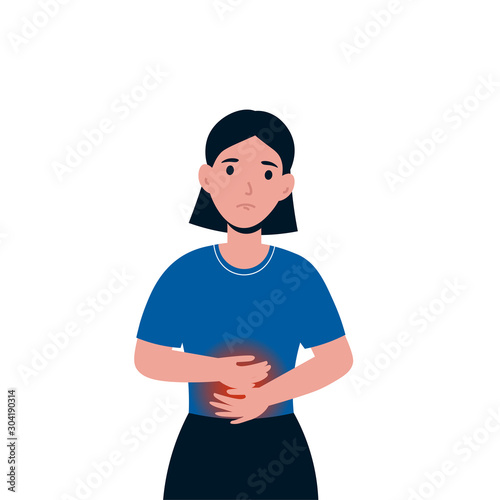 Man having stomach ache, flat cartoon style vector illustration isolated on white background. Character have gastritis and duodenitis symptoms.