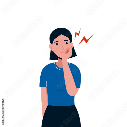 Sad woman patient suffering from toothache. Female having a strong toothache. Severe pain in the teeth. Flat vector character illustration isolated white background.